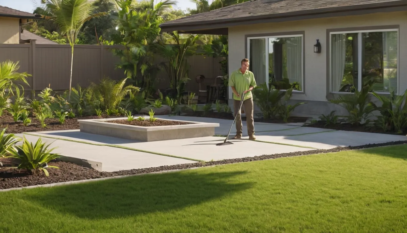 Fresh concrete patio behind a single-story block home in Kissimmee, with a provider and homeowner reviewing the layout
