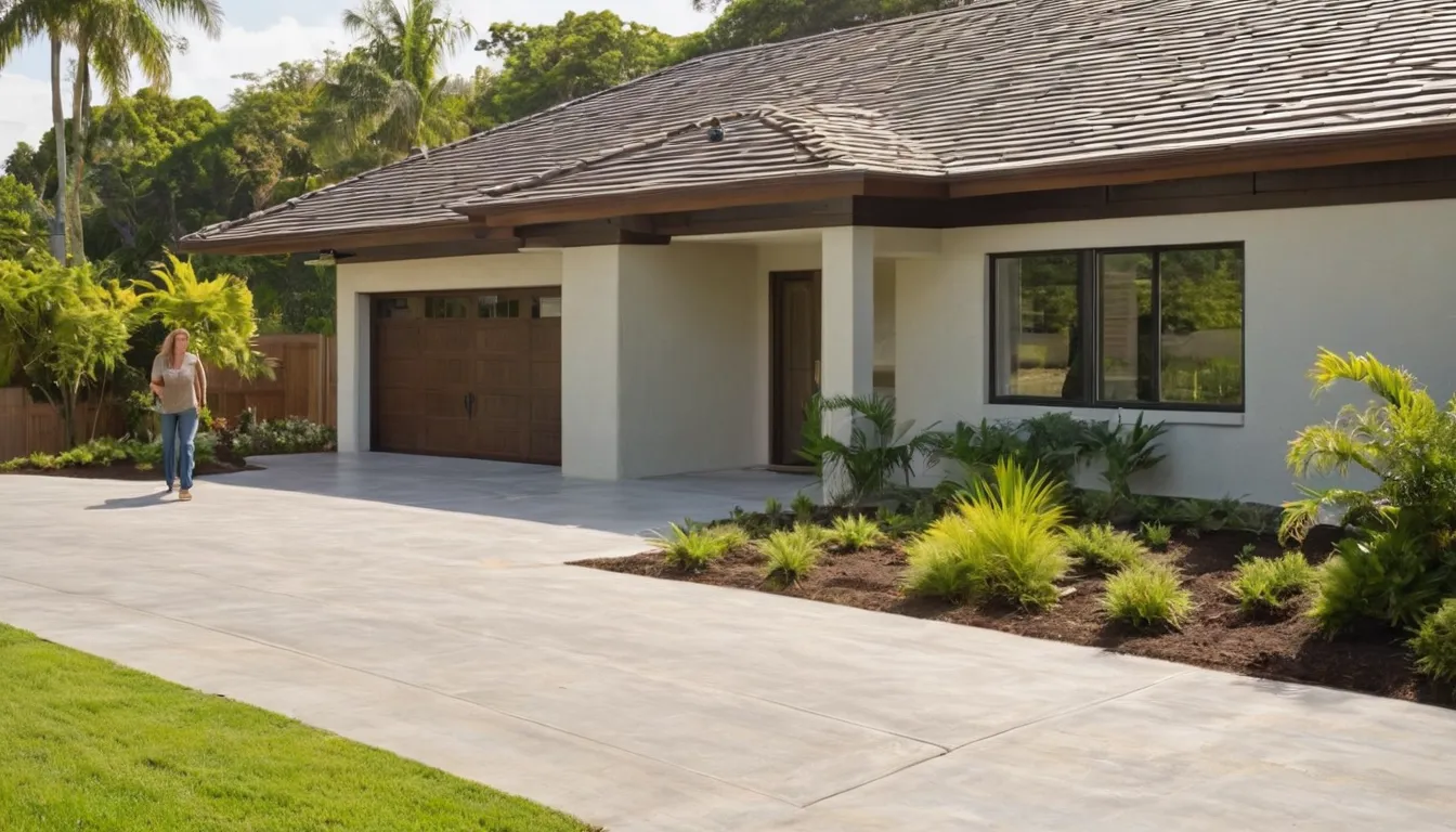A freshly poured concrete driveway in front of a block home in Kissimmee