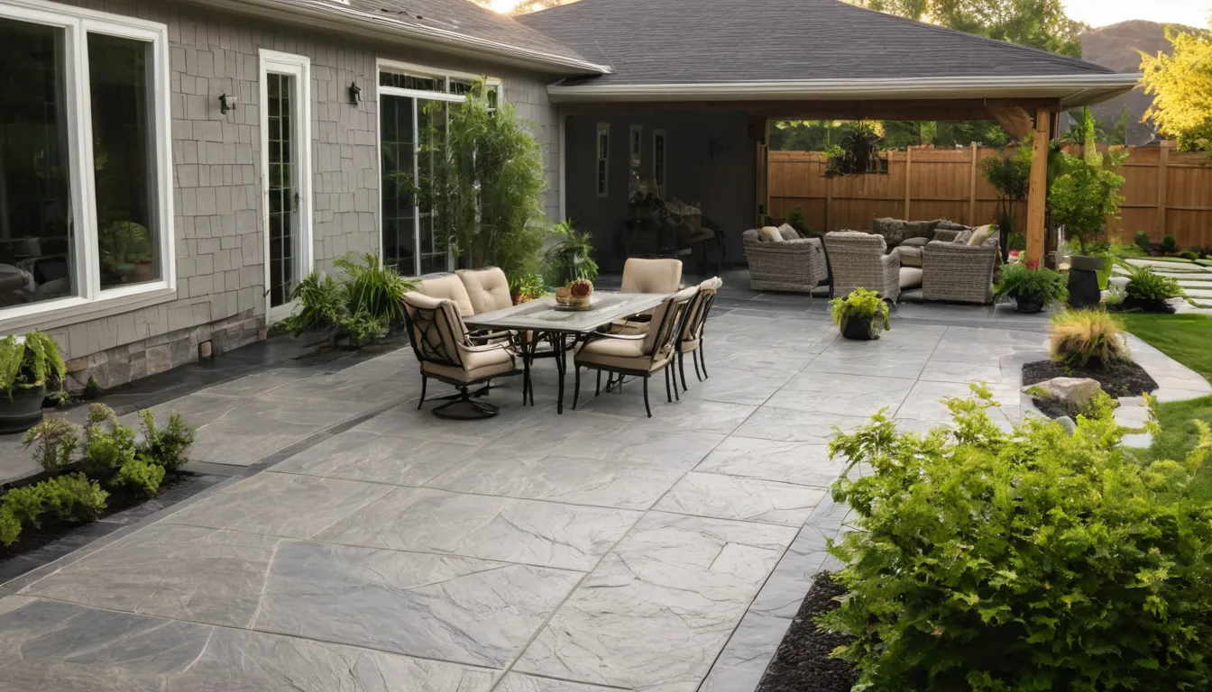 Finished stamped concrete patio with a stone pattern behind a home in Kissimmee